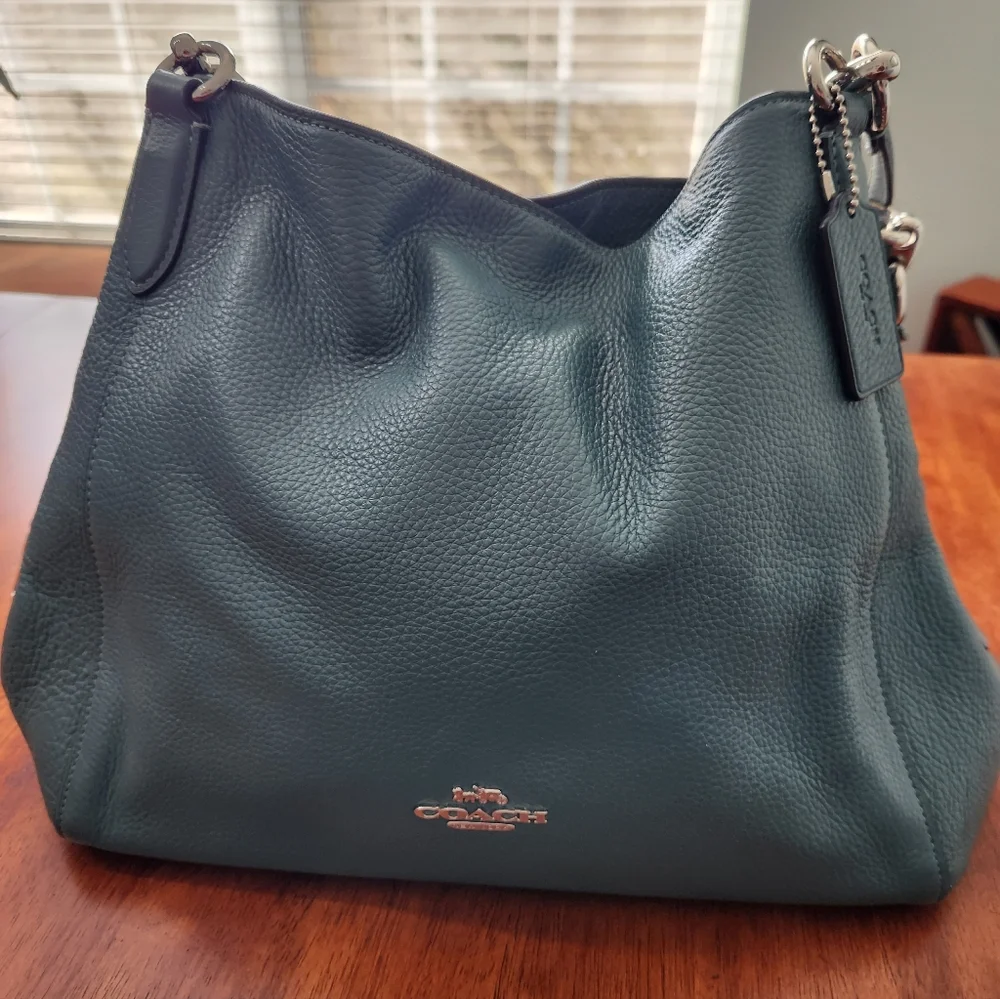 Coach Hallie Pebbled Leather Hobo Shoulder Bag In Teal - Picture 2 of 15